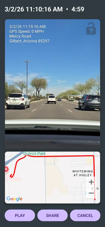 Guardian playback screen showing road video, a trip map, playback, sharing, and cancel controls