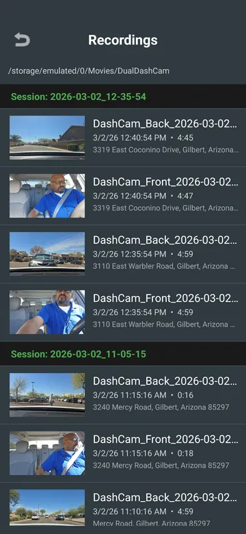 Guardian recordings screen listing road and cabin clips by trip session