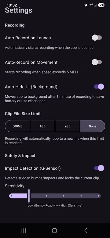 Guardian settings screen showing recording, background mode, file size, and impact detection controls